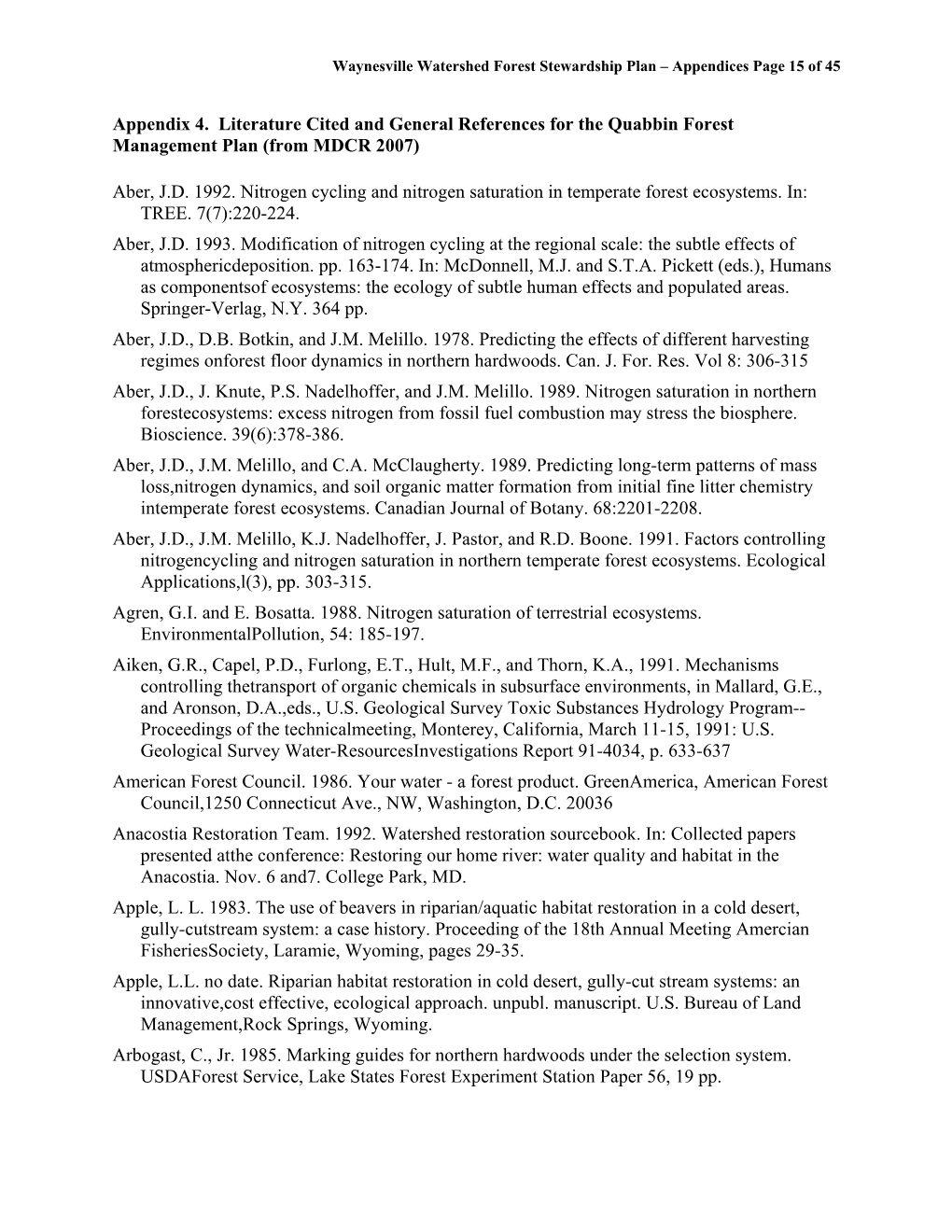 Appendix 4. Literature Cited and General References for the Quabbin Forest Management Plan (From MDCR 2007)