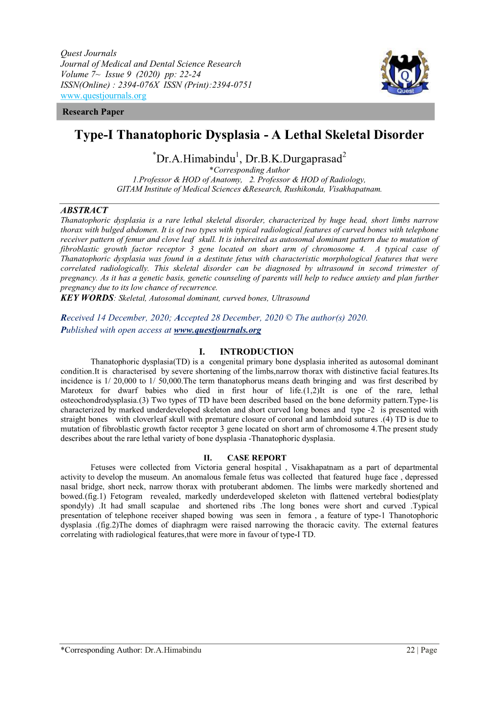 Type-I Thanatophoric Dysplasia - a Lethal Skeletal Disorder