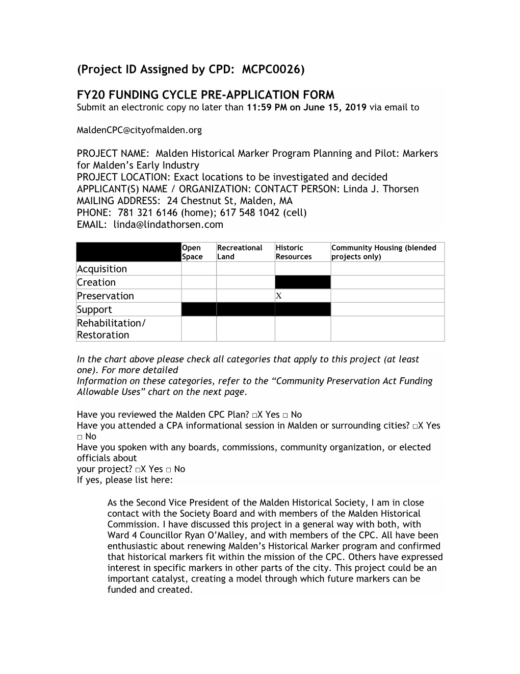 FY20 FUNDING CYCLE PRE-APPLICATION FORM Submit an Electronic Copy No Later Than 11:59 PM on June 15, 2019 Via Email To