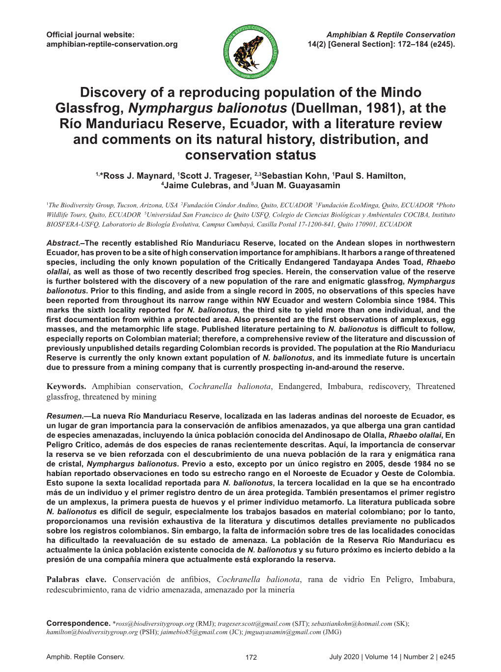 At the Río Manduriacu Reserve, Ecuador, with a Literature Review and Comments on Its Natural History, Distribution, and Conservation Status 1,*Ross J