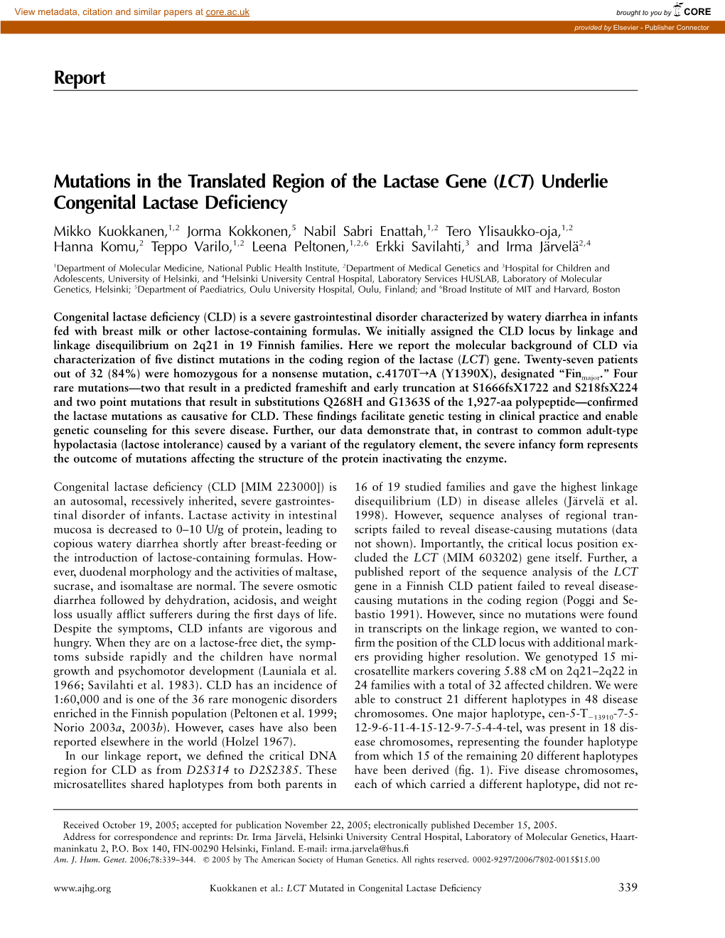 Report Mutations in the Translated Region of the Lactase