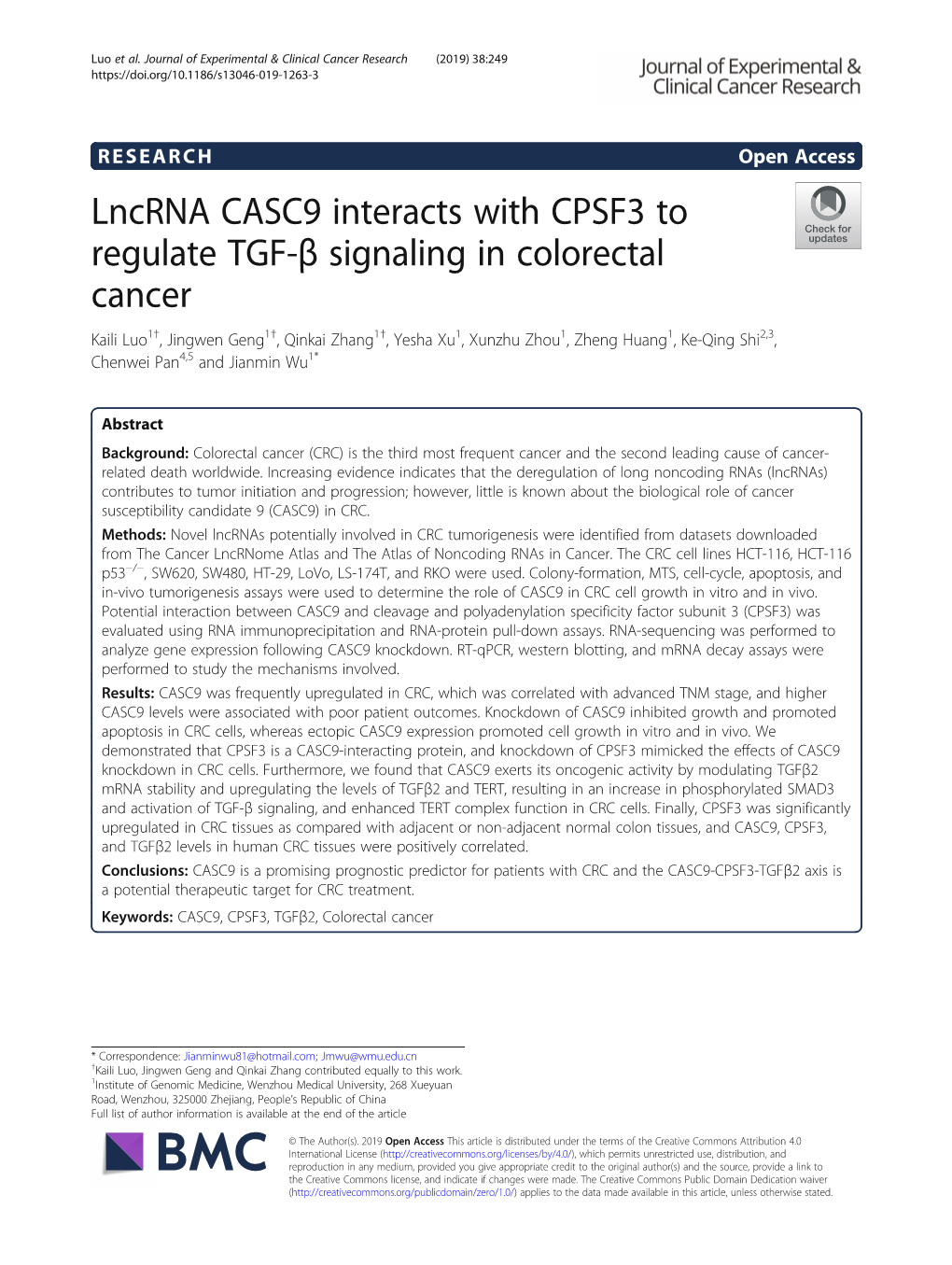 Lncrna CASC9 Interacts with CPSF3 to Regulate TGF-Β Signaling In