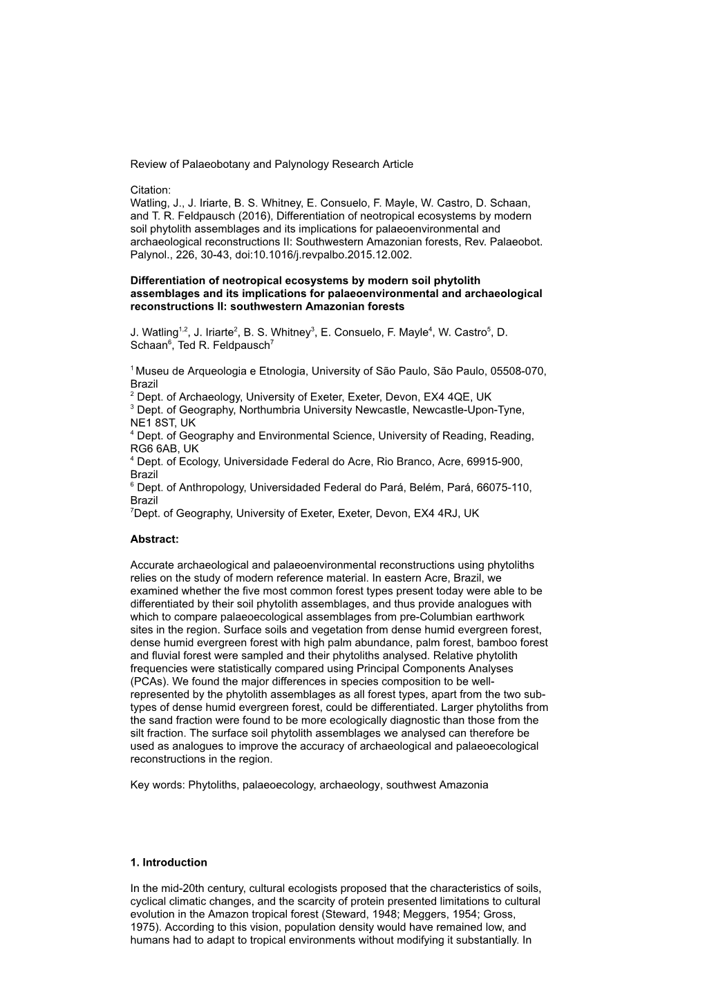 Watling 2016 Differentiation of Neotropical Ecosystems by Modern Soil Phytolith Accepted.Docx