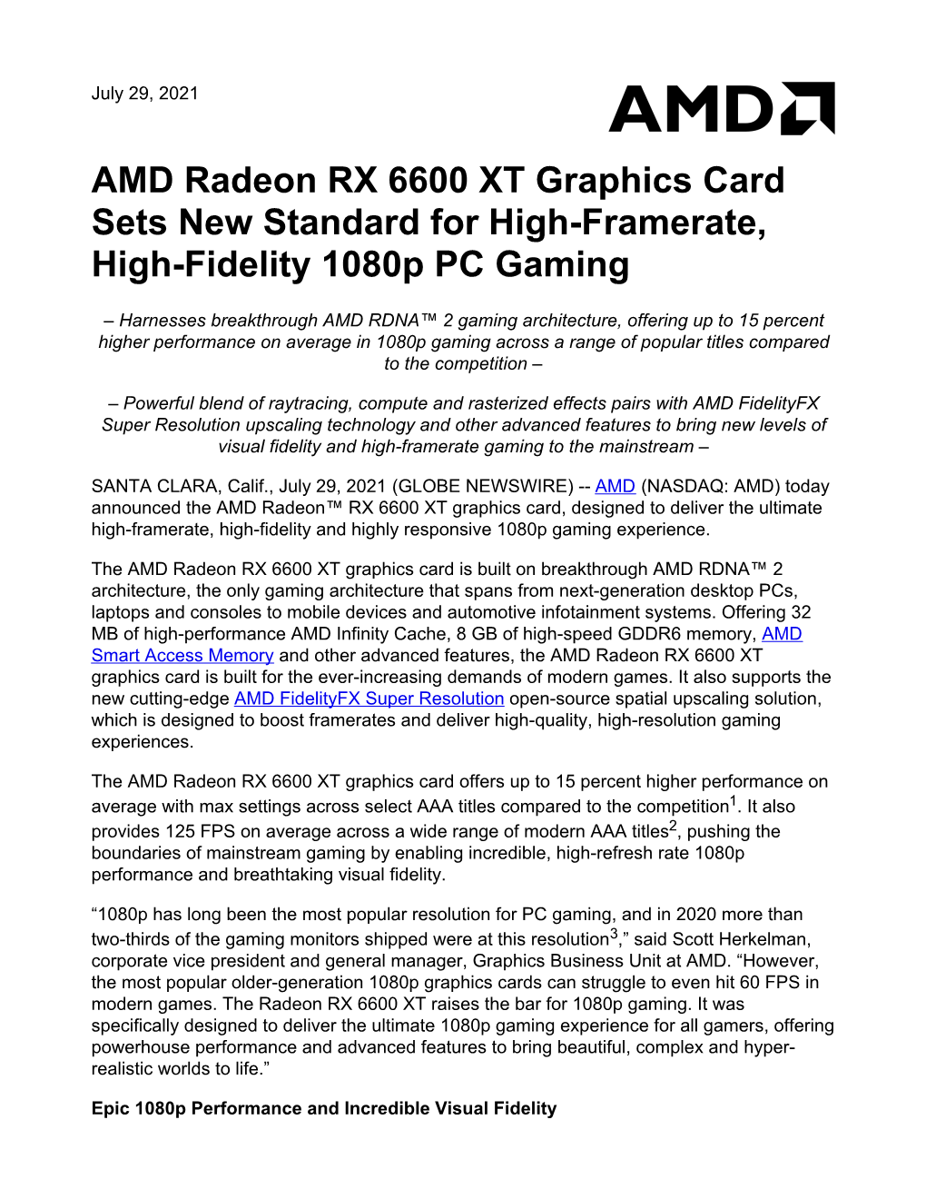 AMD Radeon RX 6600 XT Graphics Card Sets New Standard for High-Framerate, High-Fidelity 1080P PC Gaming