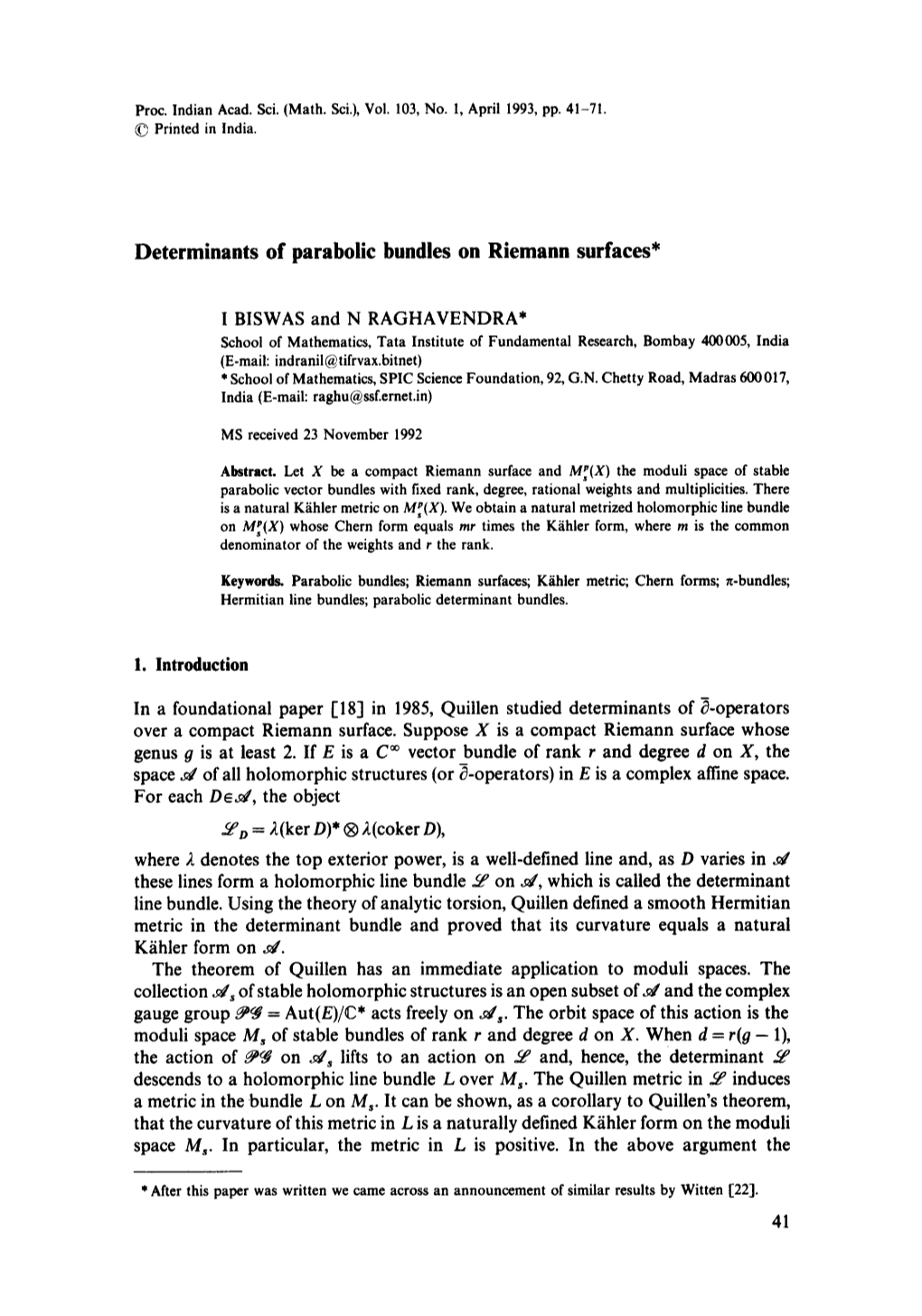 Determinants of Parabolic Bundles on Riemann Surfaces*