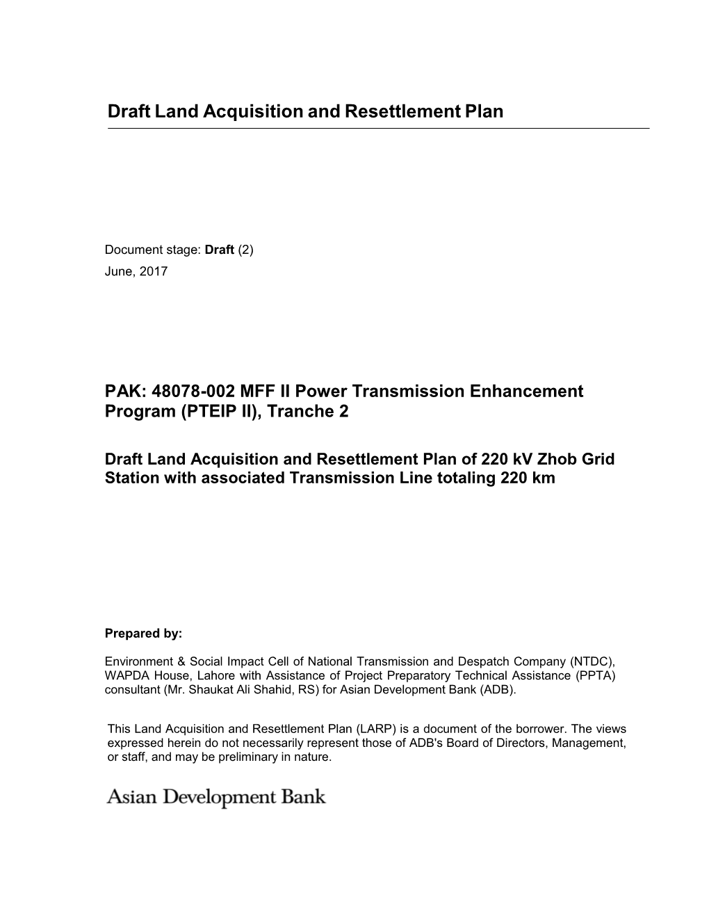 Draft Land Acquisition and Resettlement Plan