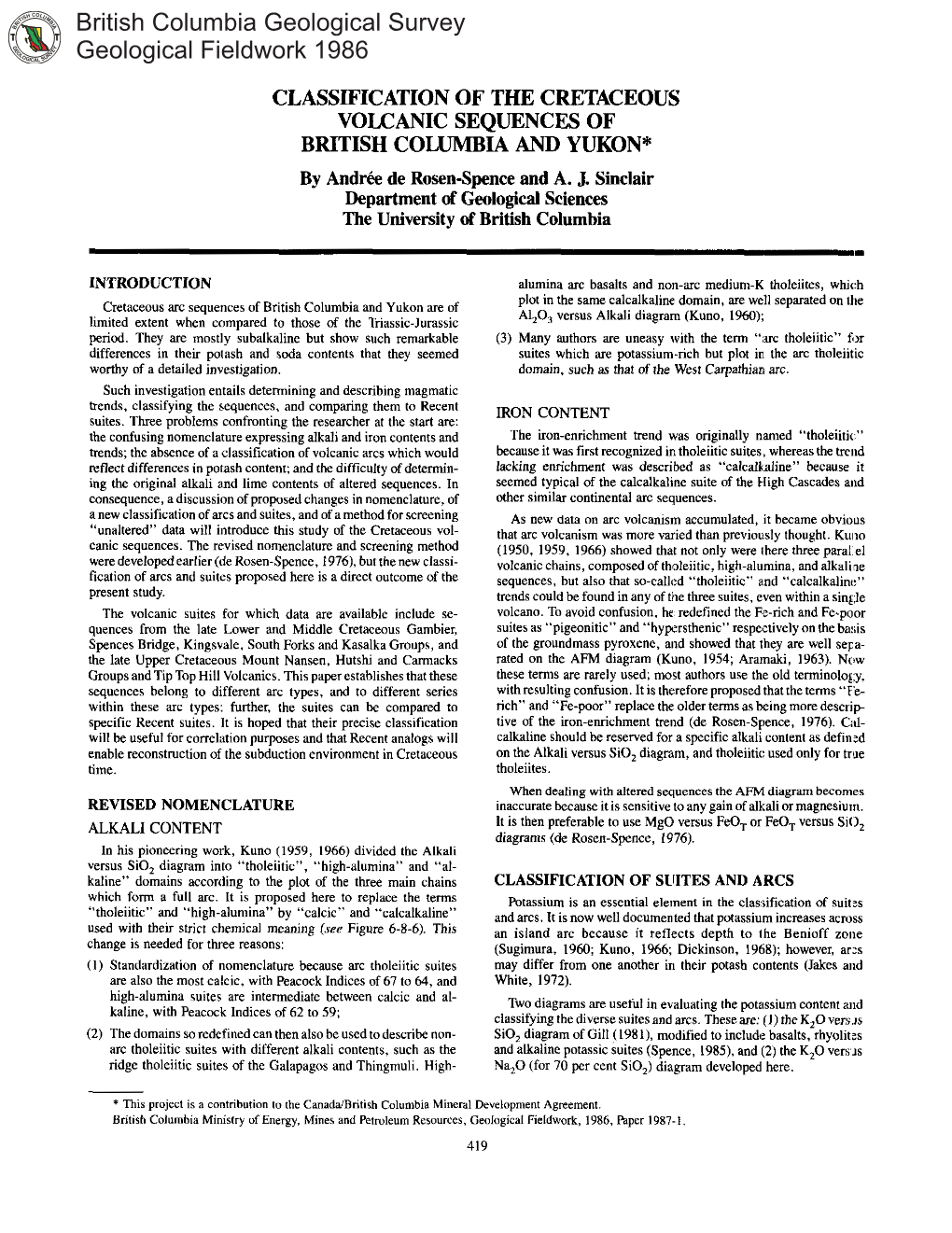 British Columbia Geological Survey Geological Fieldwork 1986