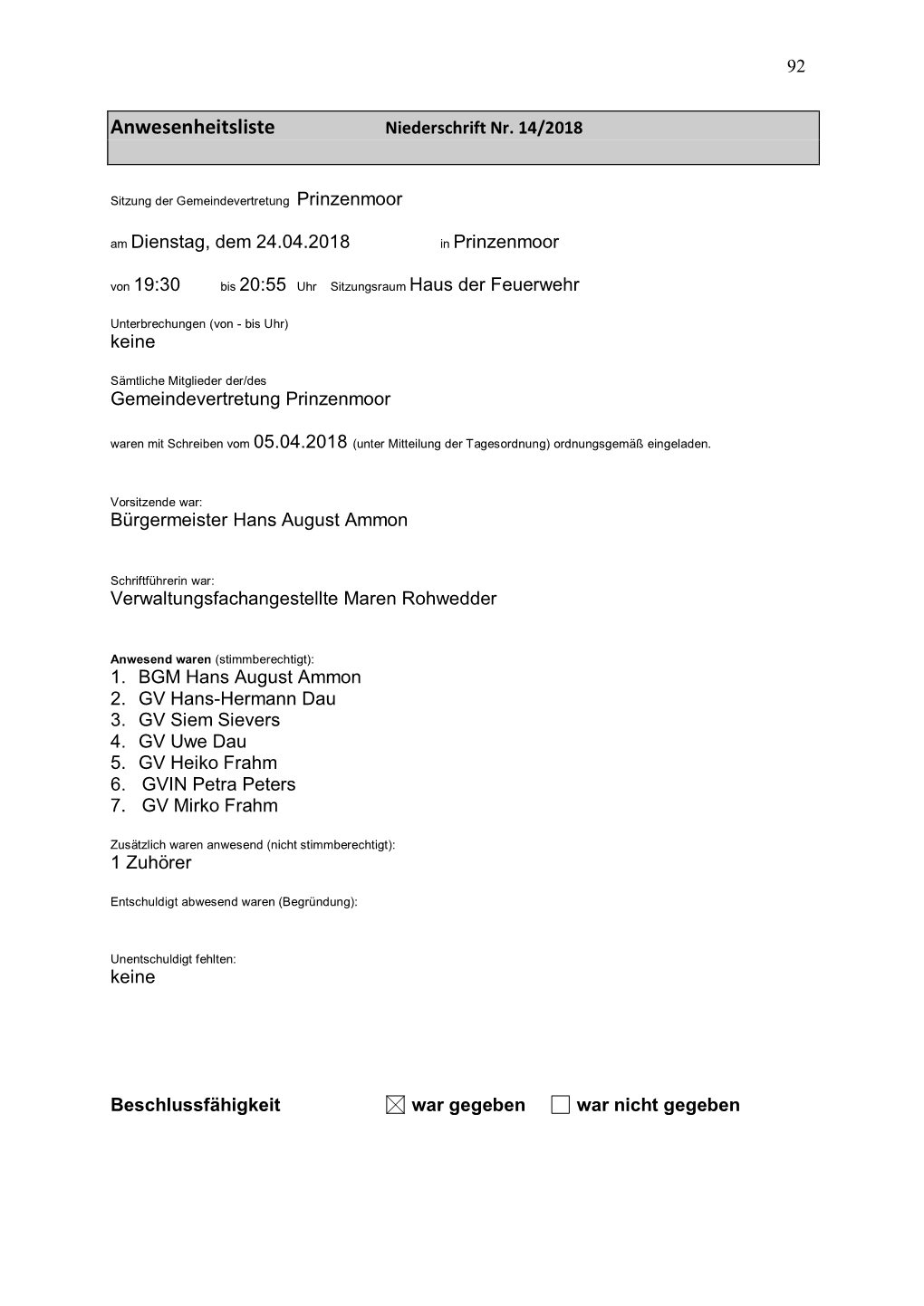 Anwesenheitsliste Niederschrift Nr