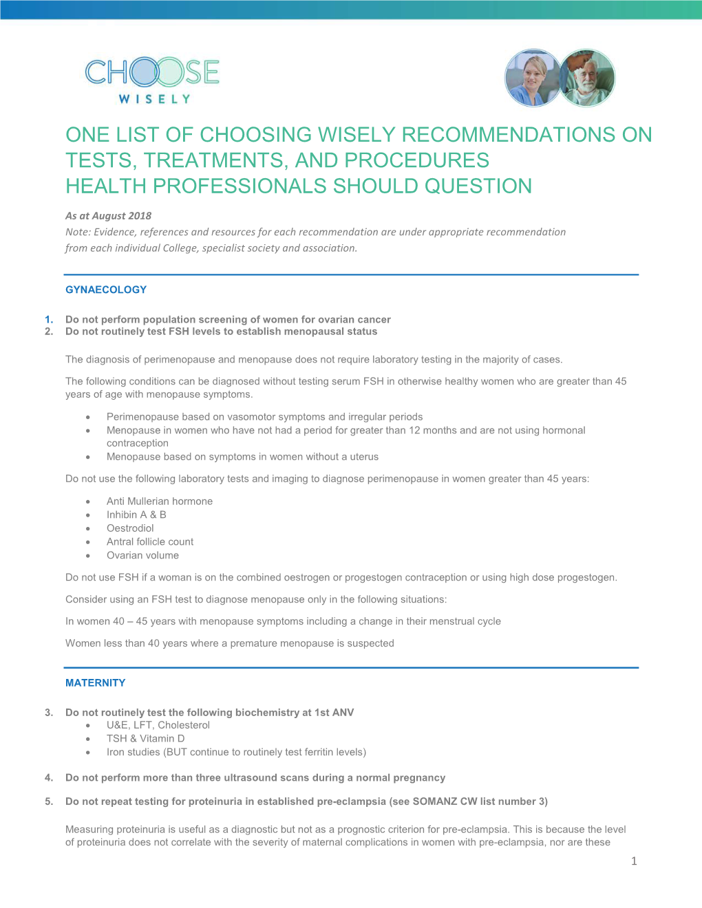 One List of Choosing Wisely Recommendations on Tests, Treatments, and Procedures Health Professionals Should Question
