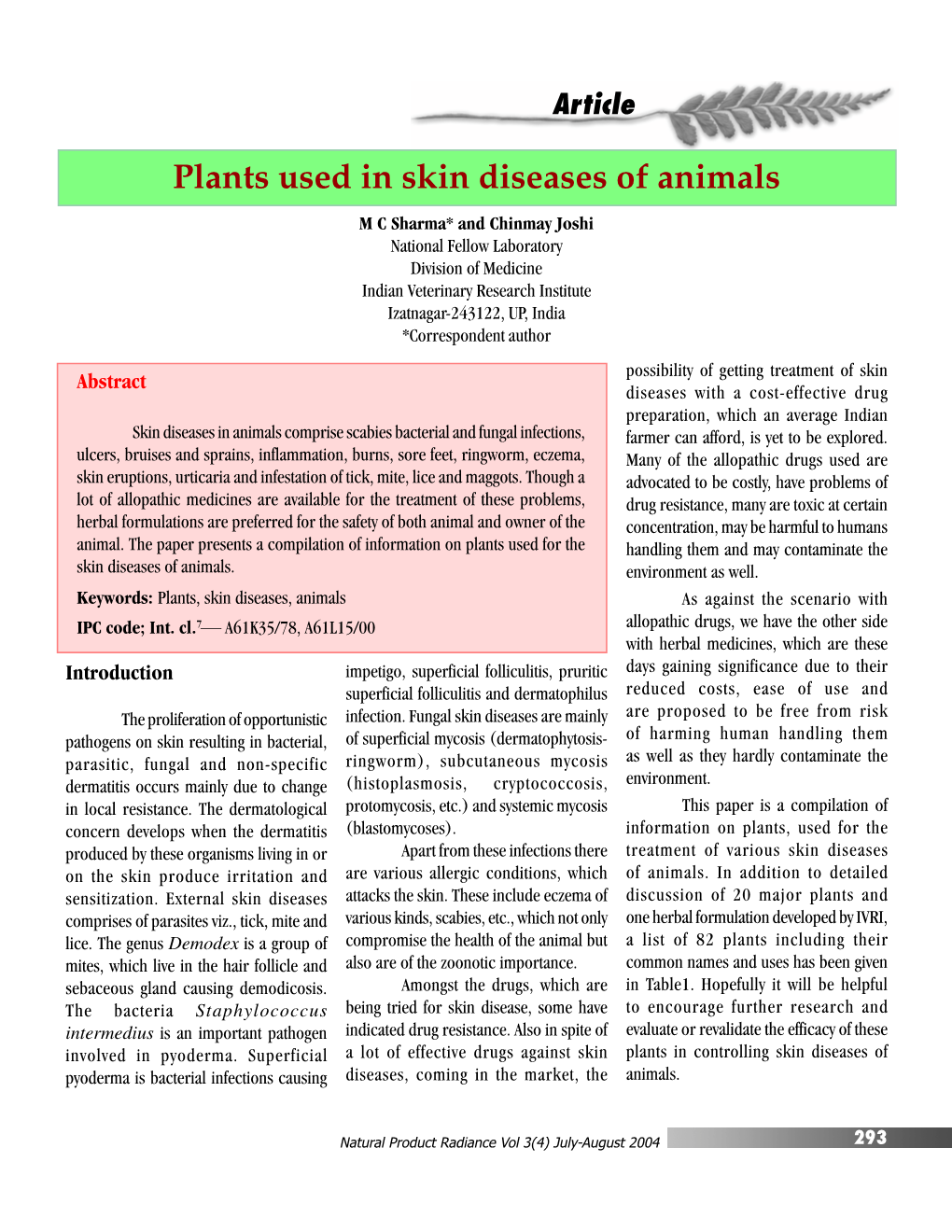 Plants Used in Skin Diseases of Animals