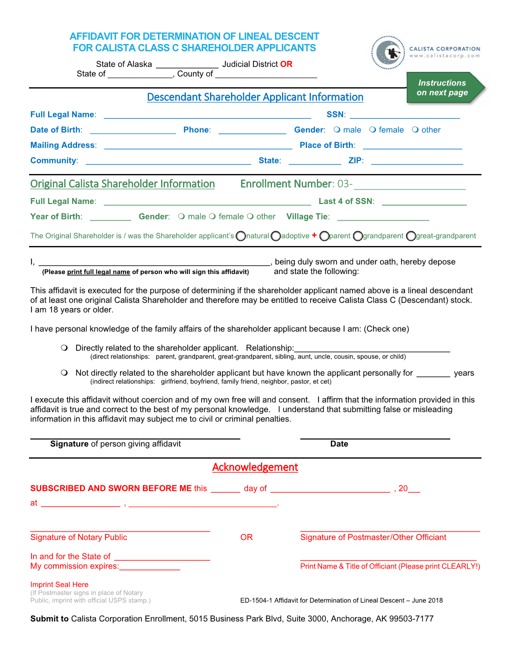 Affidavit, Determination of Lineal Descent