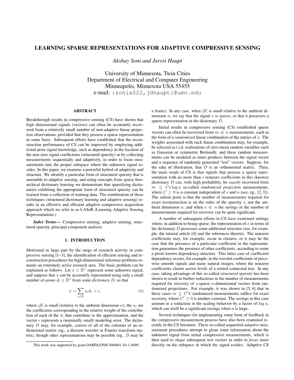 Learning Sparse Representations for Adaptive Compressive Sensing