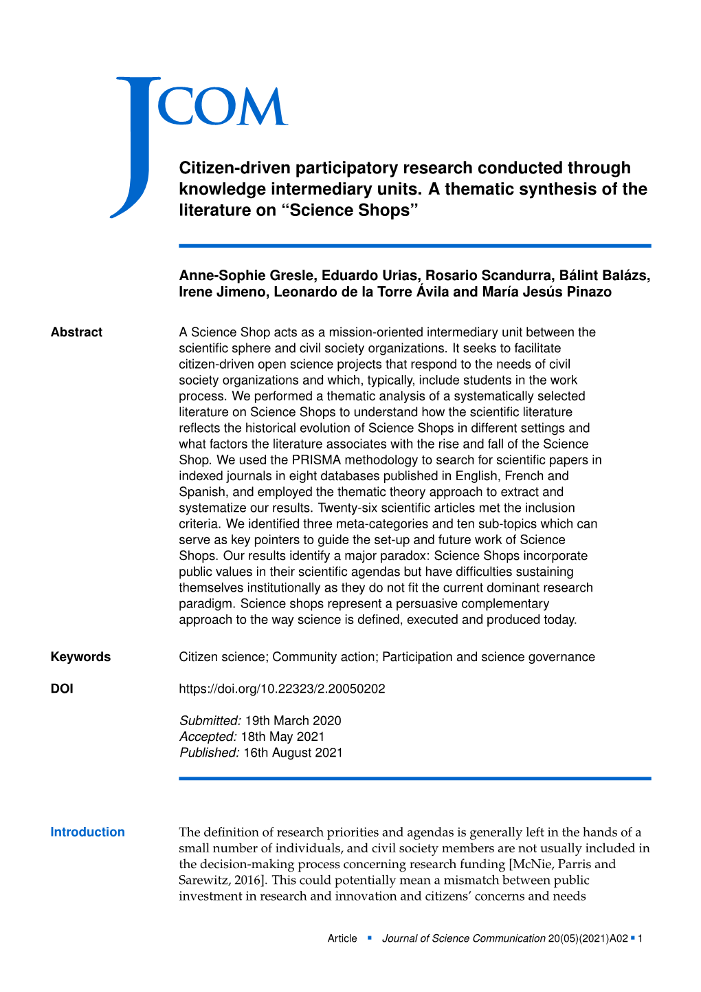 JCOM 20(05)(2021)A02 2 Converge on and Also Expand Into Other Spaces, Such As Ngos, Science Museums, Research Centres and Companies