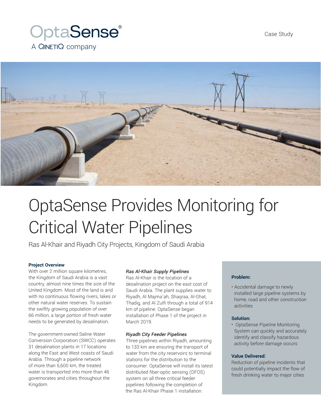 Optasense Provides Monitoring for Critical Water Pipelines Ras Al-Khair and Riyadh City Projects, Kingdom of Saudi Arabia