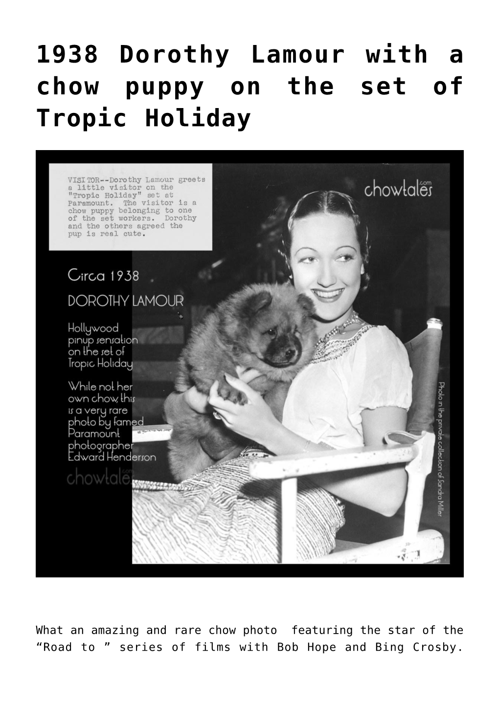 1938 Dorothy Lamour with a Chow Puppy on the Set of Tropic Holiday