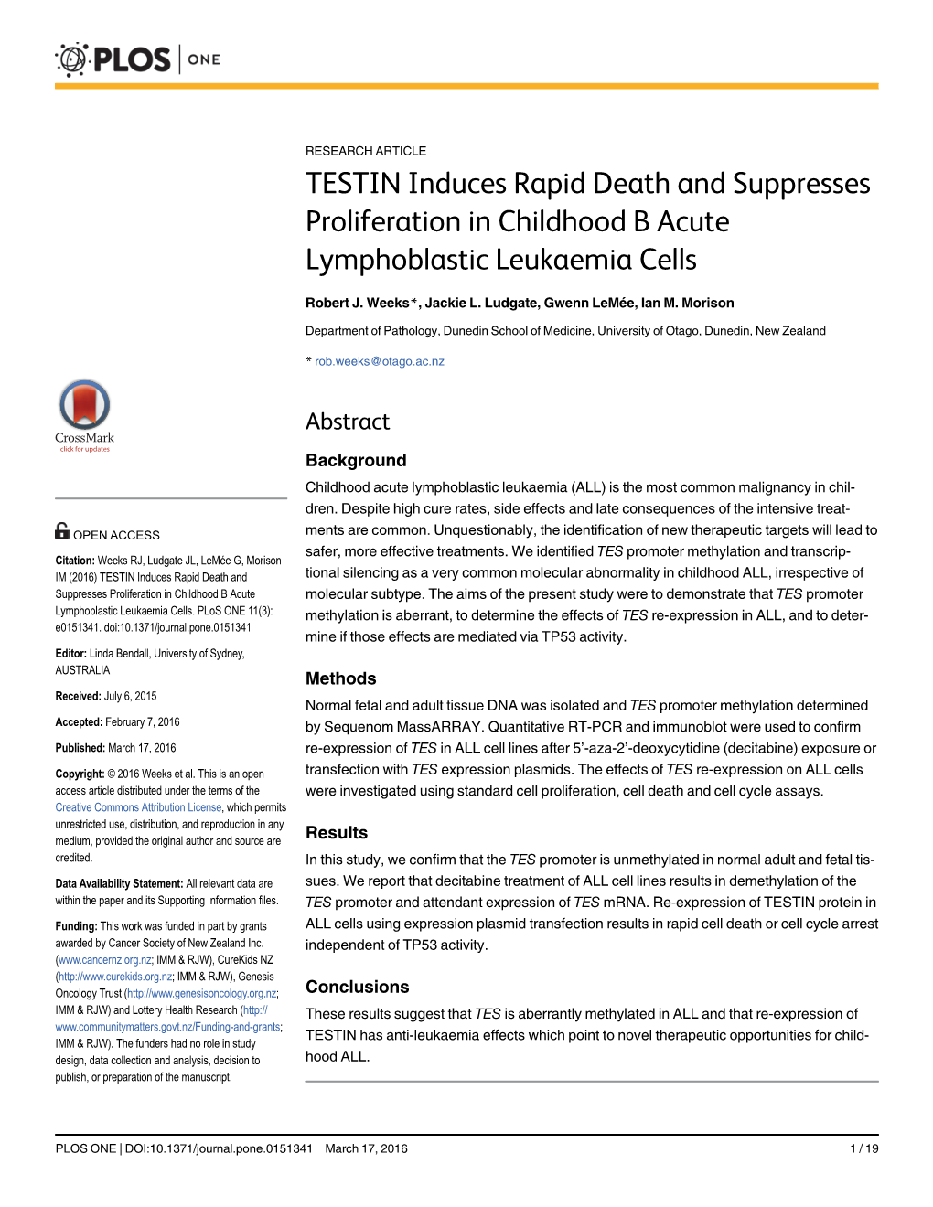 TESTIN Induces Rapid Death and Suppresses Proliferation in Childhood B Acute Lymphoblastic Leukaemia Cells