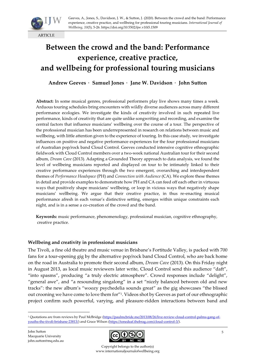 Between the Crowd and the Band: Performance Experience, Creative Practice, and Wellbeing for Professional Touring Musicians