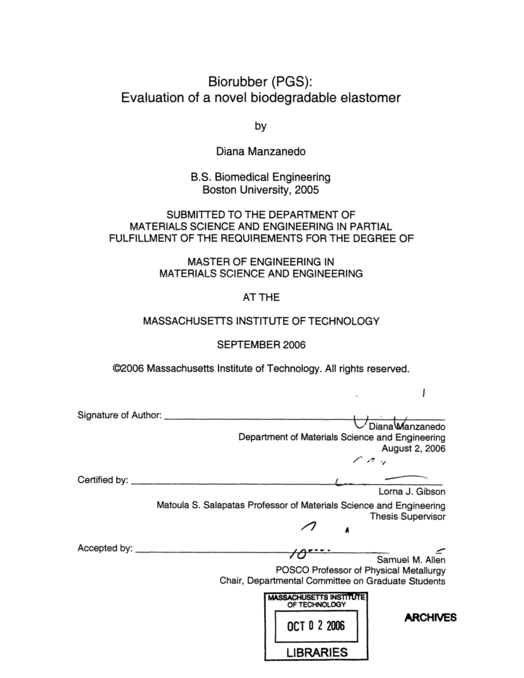 PGS): Evaluation of a Novel Biodegradable Elastomer