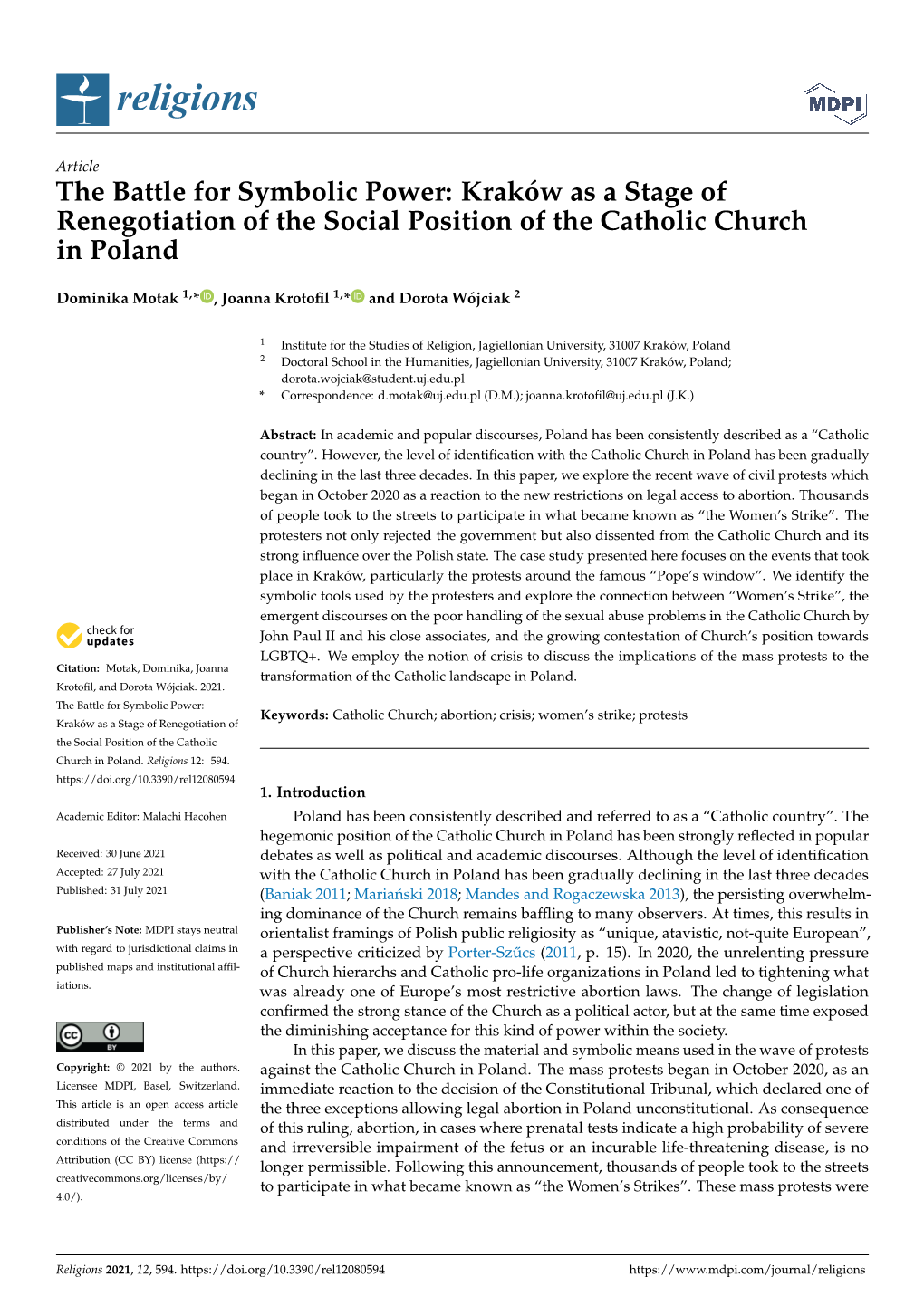 Kraków As a Stage of Renegotiation of the Social Position of the Catholic Church in Poland