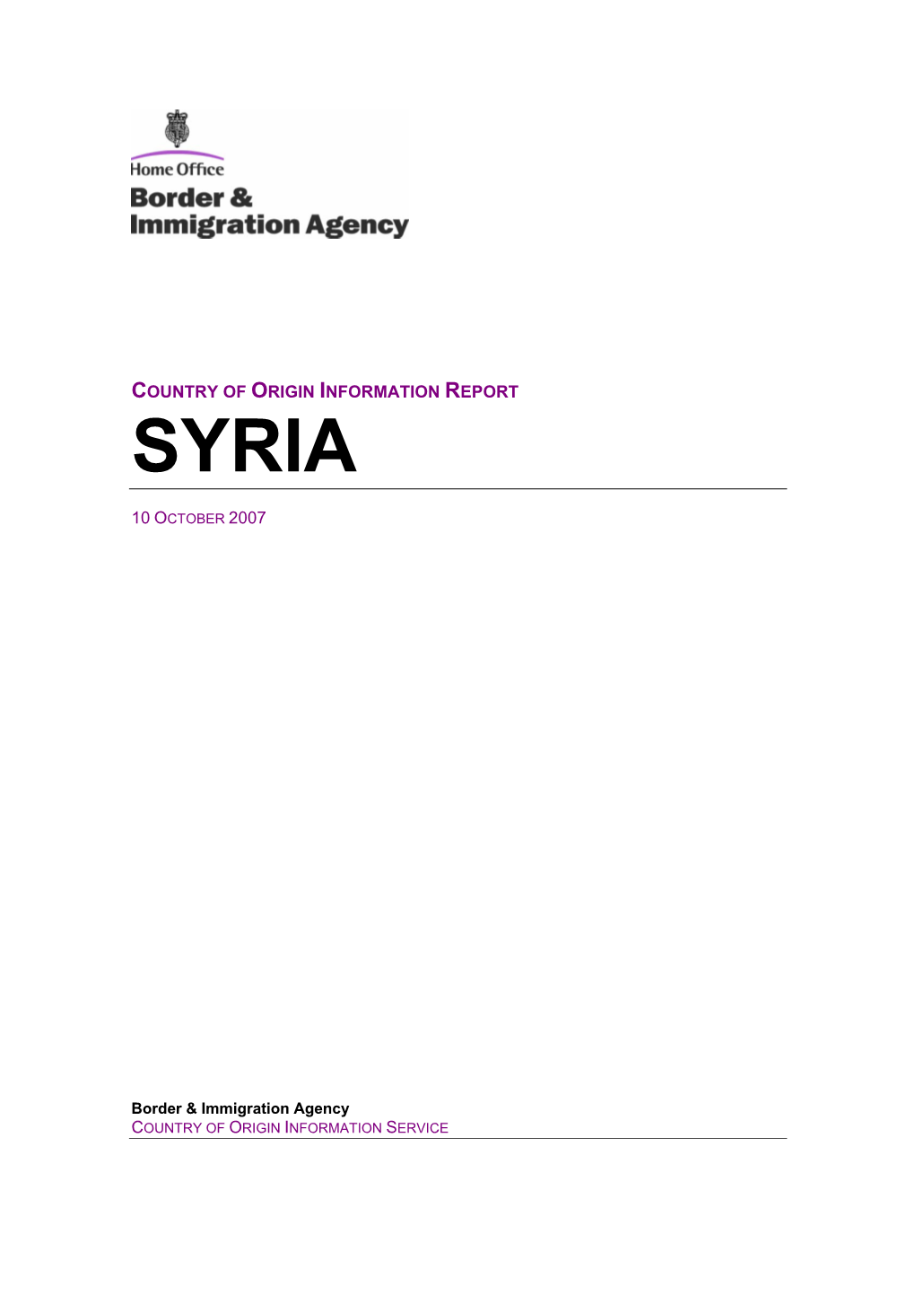 Country of Origin Information Report Syria October 2007