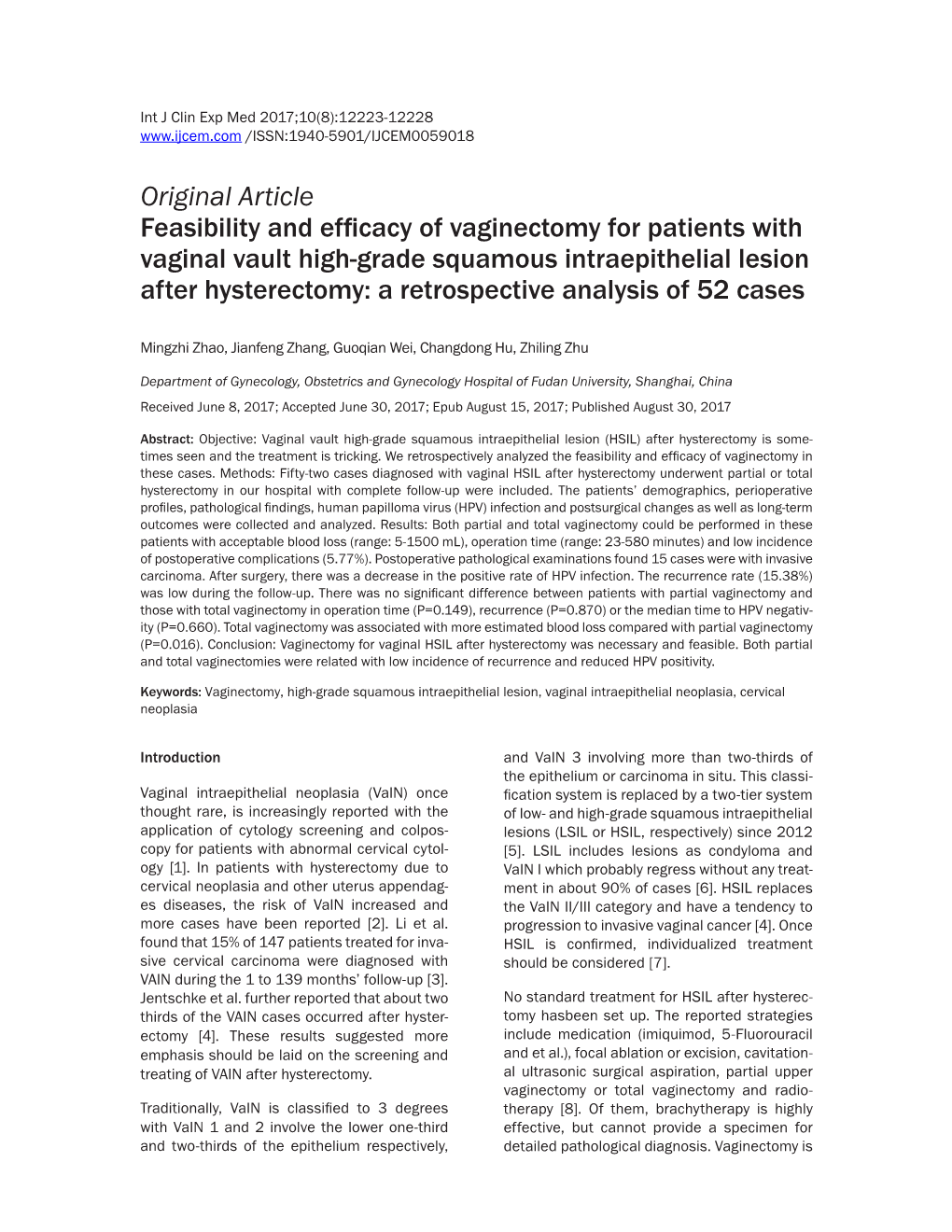 Original Article Feasibility and Efficacy of Vaginectomy for Patients With