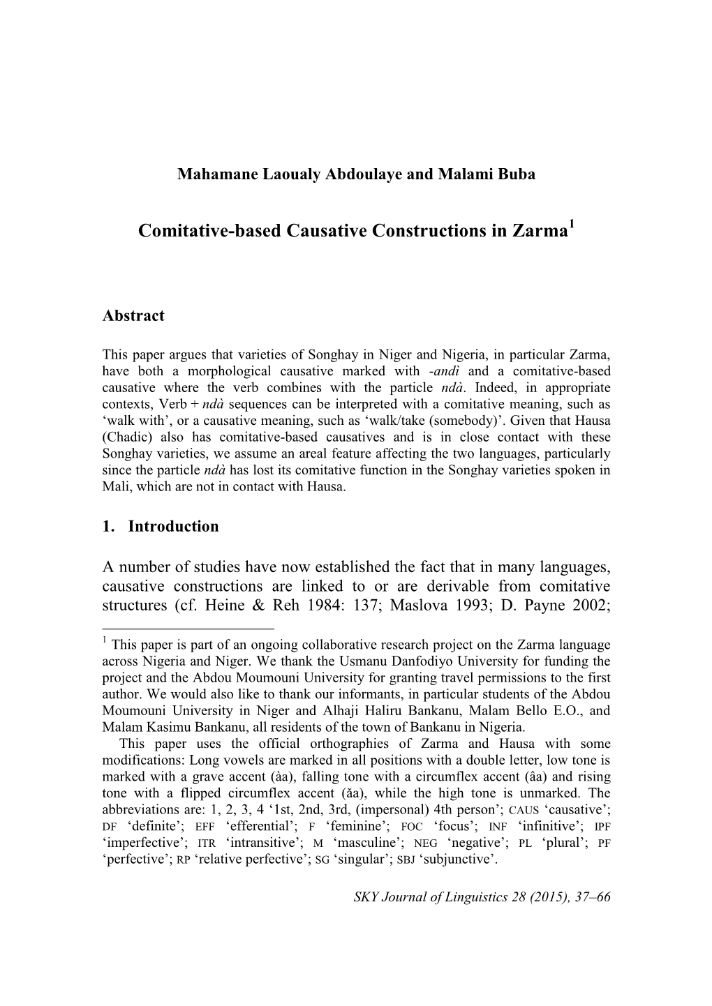 Comitative-Based Causative Constructions in Zarma1