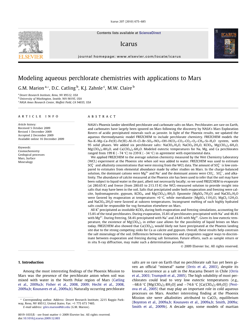 Modeling Aqueous Perchlorate Chemistries with Applications to Mars