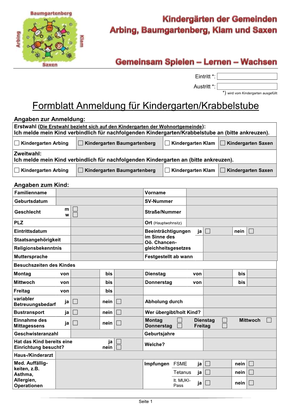 Formblatt Anmeldung Für Kindergarten/Krabbelstube