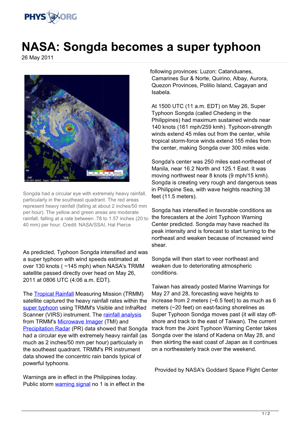 NASA: Songda Becomes a Super Typhoon 26 May 2011