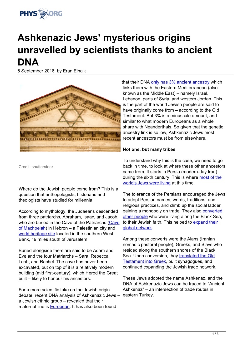 Ashkenazic Jews' Mysterious Origins Unravelled by Scientists Thanks to Ancient DNA 5 September 2018, by Eran Elhaik