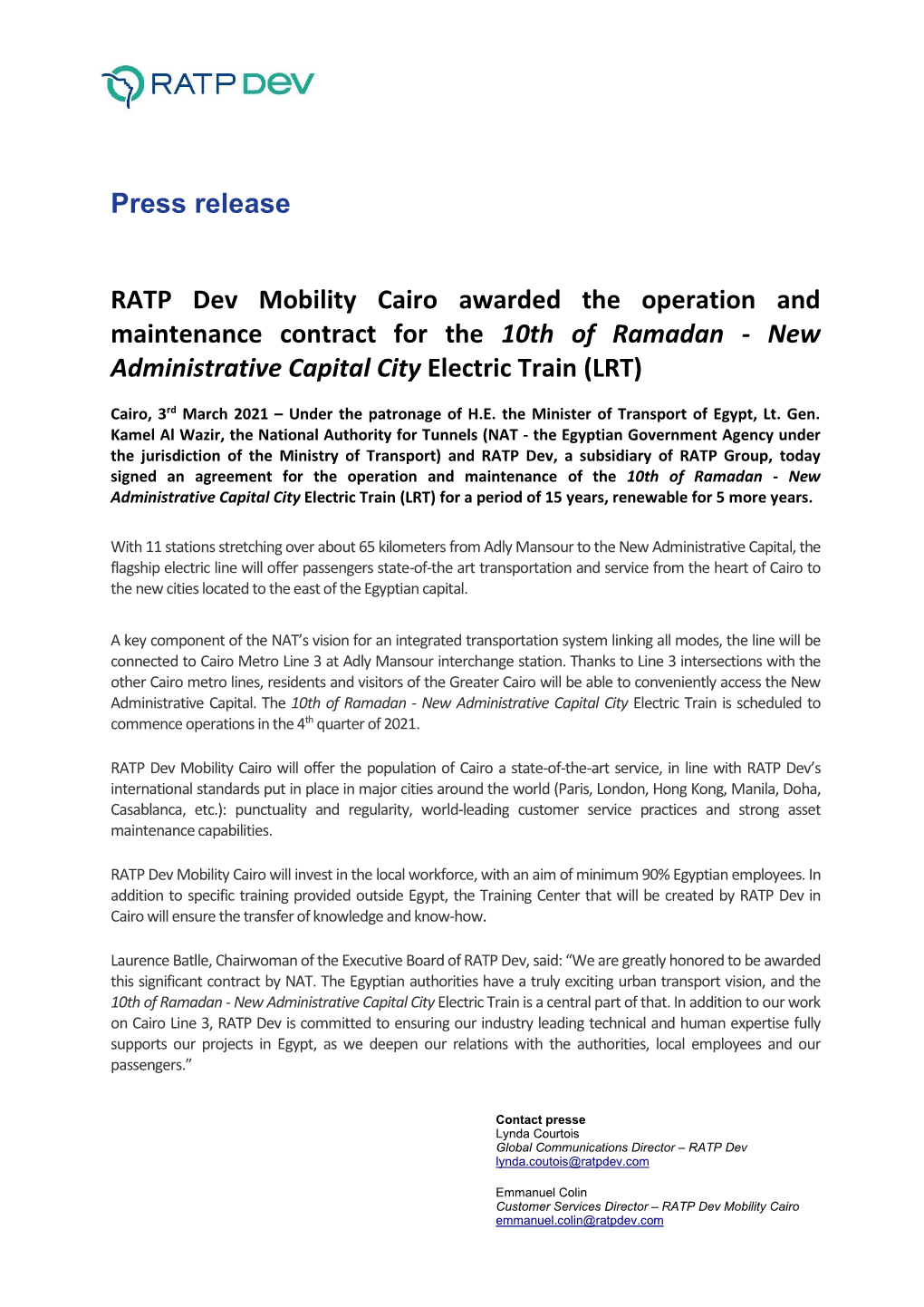 Press Release RATP Dev Mobility Cairo Awarded the Operation And