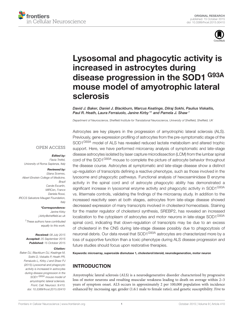 Lysosomal and Phagocytic Activity Is Increased in Astrocytes During Disease Progression in the SOD1 G93A Mouse Model of Amyotrophic Lateral Sclerosis