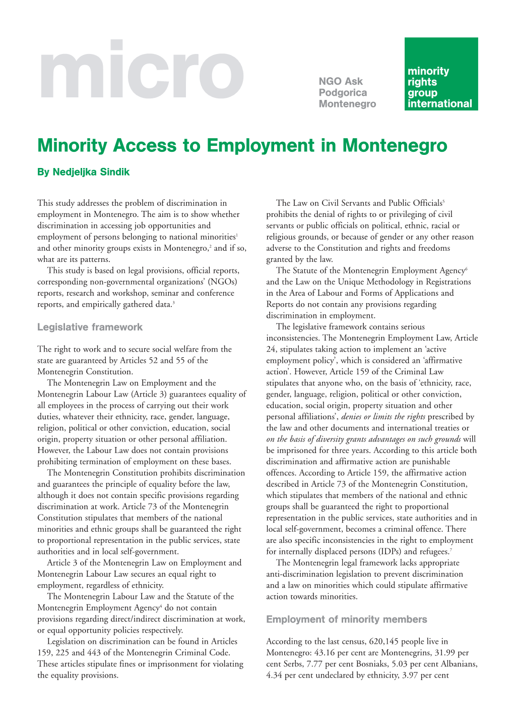 Minority Access to Employment in Montenegro