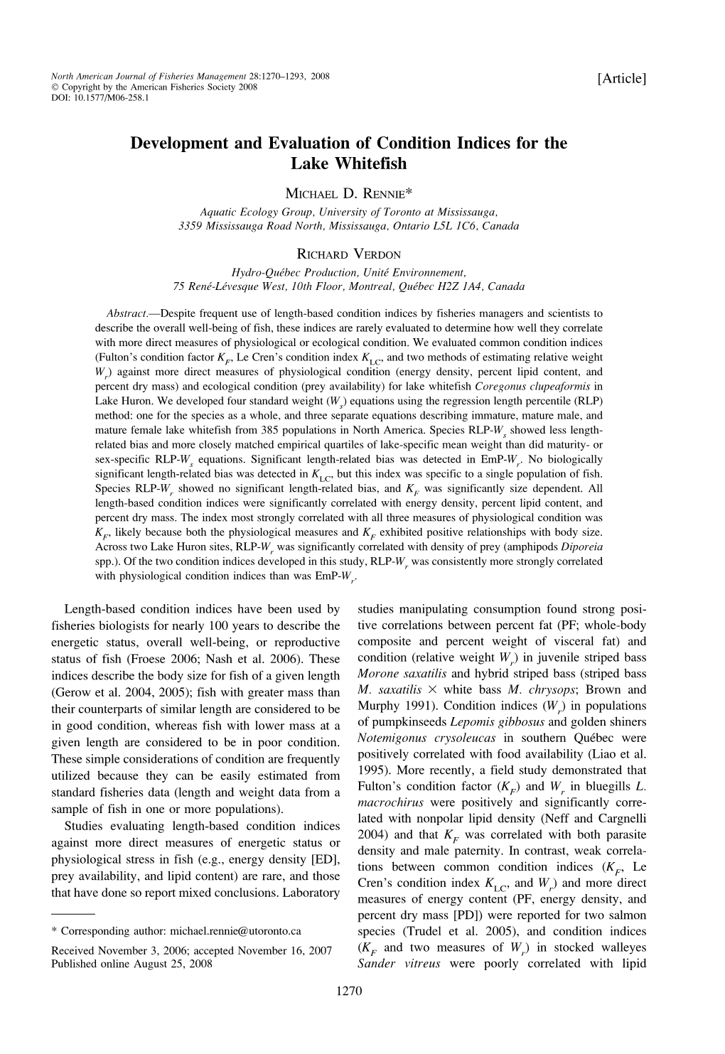 Development and Evaluation of Condition Indices for the Lake Whitefish