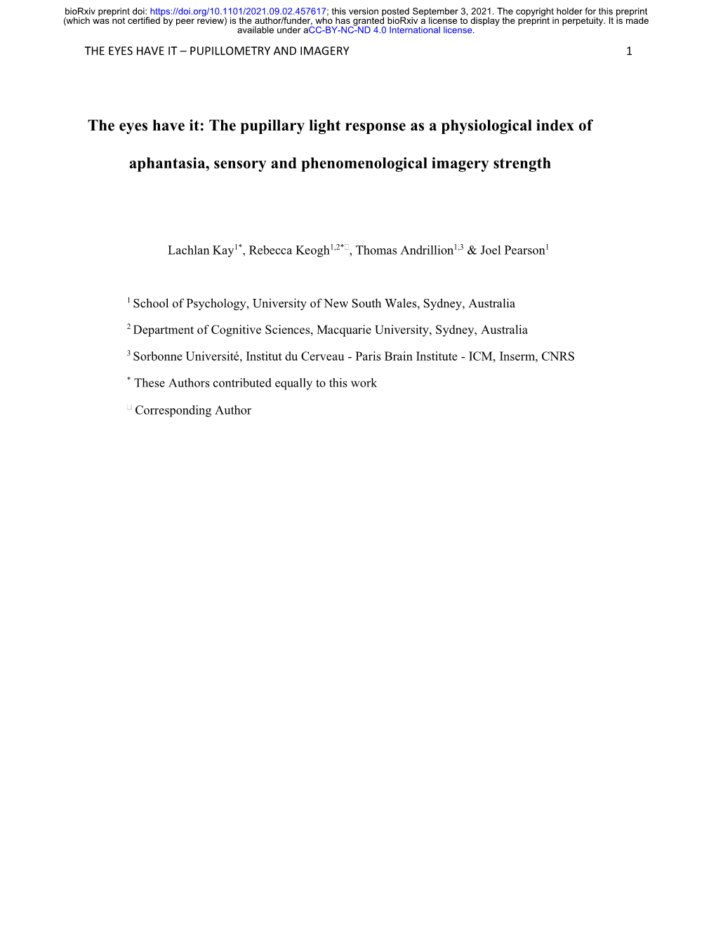 The Pupillary Light Response As a Physiological Index of Aphantasia, Sensory and Phenomenological Imagery Strength