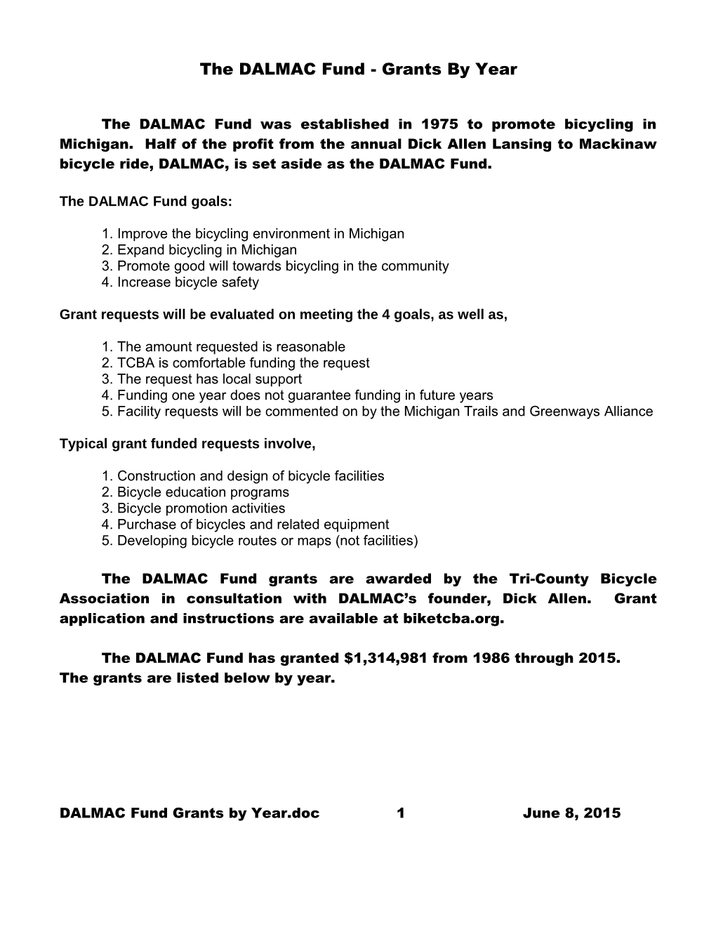 The DALMAC Fund - Grants by Year