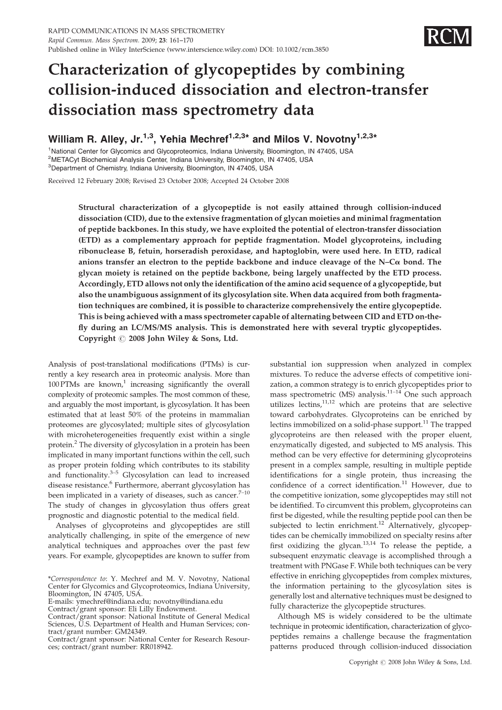 Characterization of Glycopeptides by Combining Collision-Induced Dissociation and Electron-Transfer Dissociation Mass Spectrometry Data