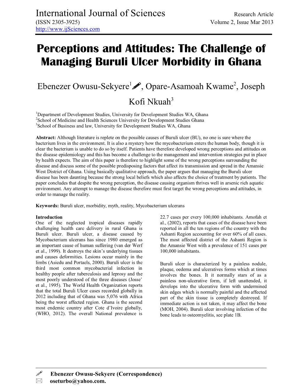 The Challenge of Managing Buruli Ulcer Morbidity in Ghana