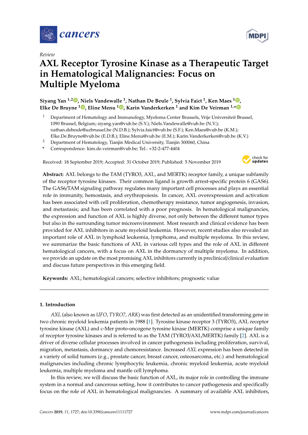 AXL Receptor Tyrosine Kinase As a Therapeutic Target in Hematological Malignancies: Focus on Multiple Myeloma