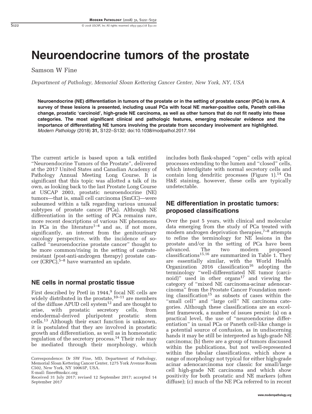 Neuroendocrine Tumors of the Prostate Samson W Fine