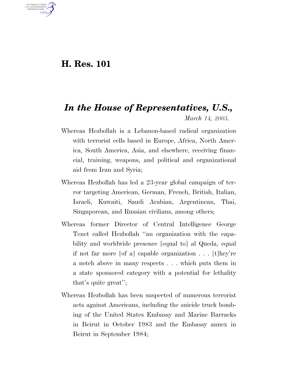 H. Res. 101 in the House of Representatives, U.S