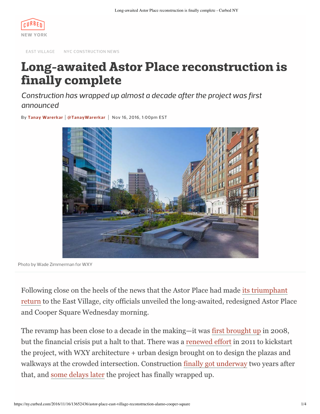 Long-Awaited Astor Place Reconstruction Is Finally Complete Construction Has Wrapped up Almost a Decade After the Project Was First Announced
