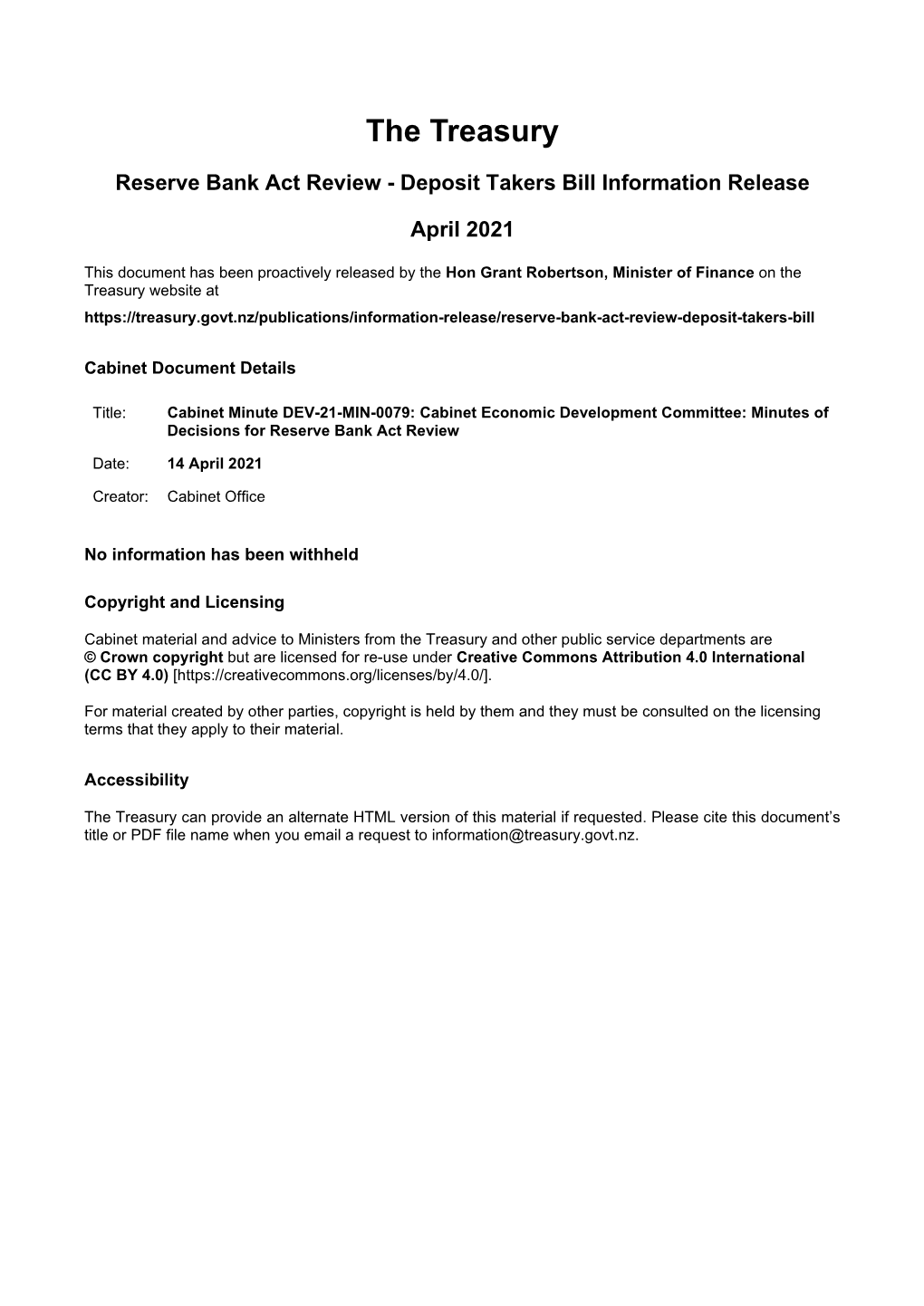 Cabinet Economic Development Committee: Minutes of Decisions for Reserve Bank Act Review