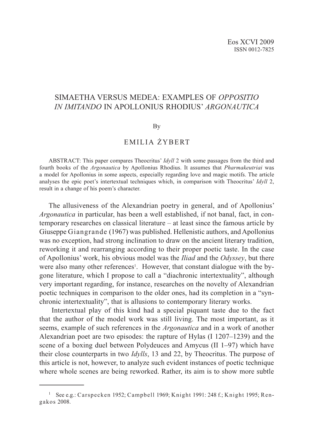 Examples of Oppositio in Imitando in Apollonius Rhodius’ Argonautica