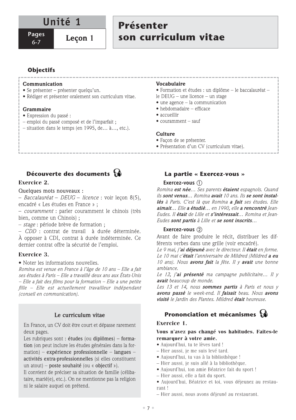 Unité 1 Présenter Pages Leçon 1 6-7 Son Curriculum Vitae