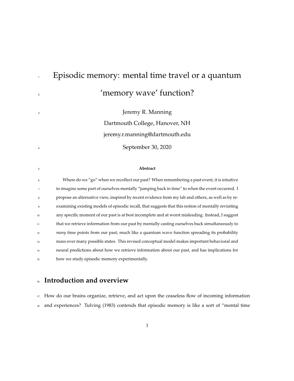 Episodic Memory: Mental Time Travel Or a Quantum 'Memory Wave