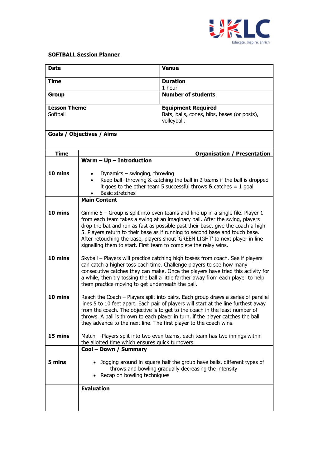 SOFTBALL Session Planner