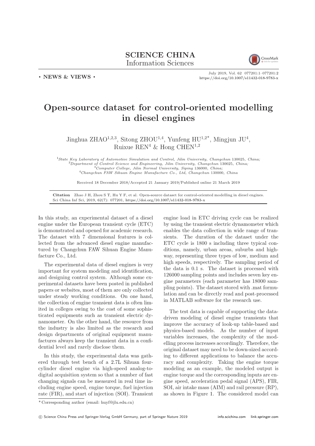 Open-Source Dataset for Control-Oriented Modelling in Diesel Engines