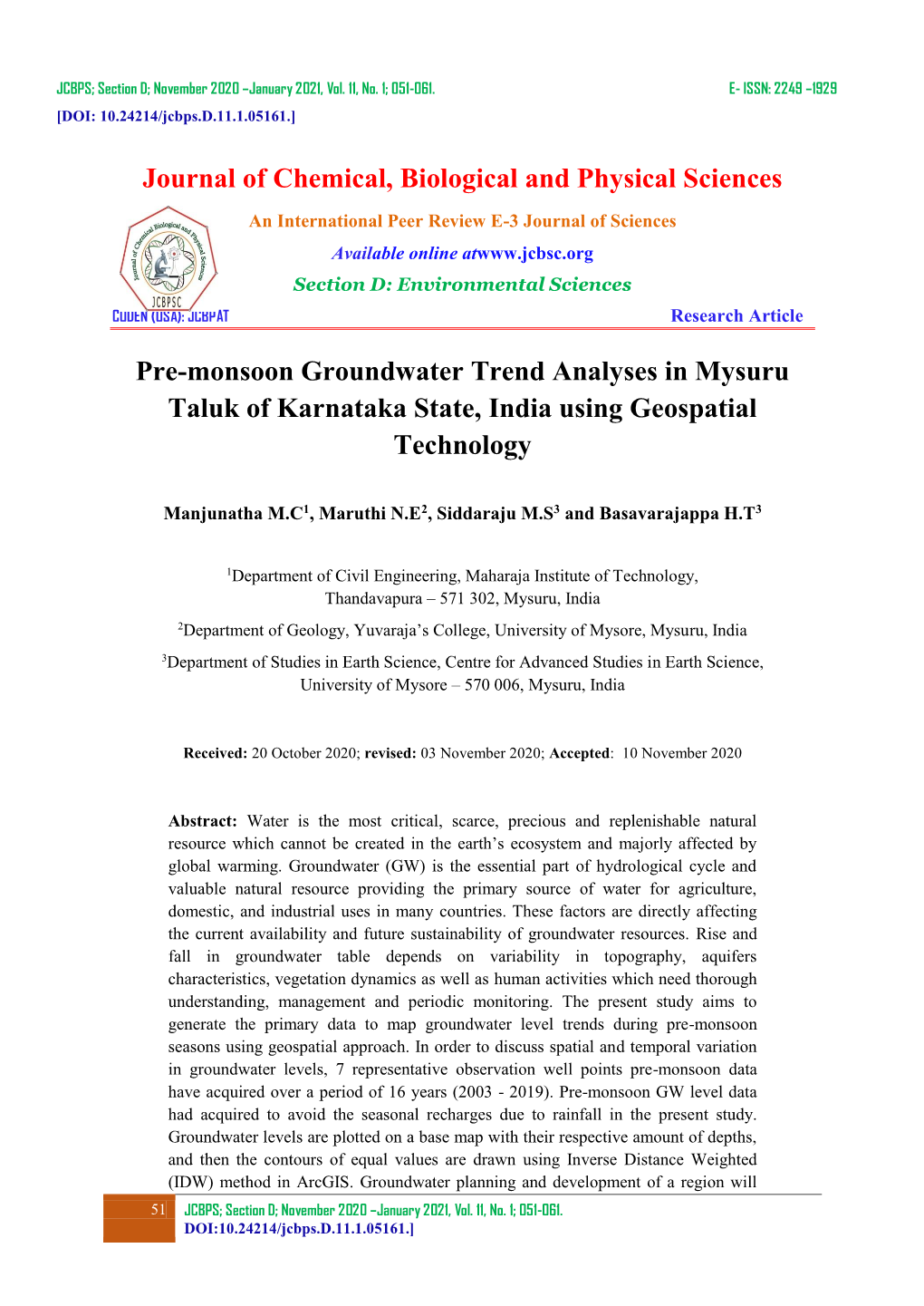 Pre-Monsoon Groundwater Trend Analyses in Mysuru Taluk of Karnataka State, India Using Geospatial Technology