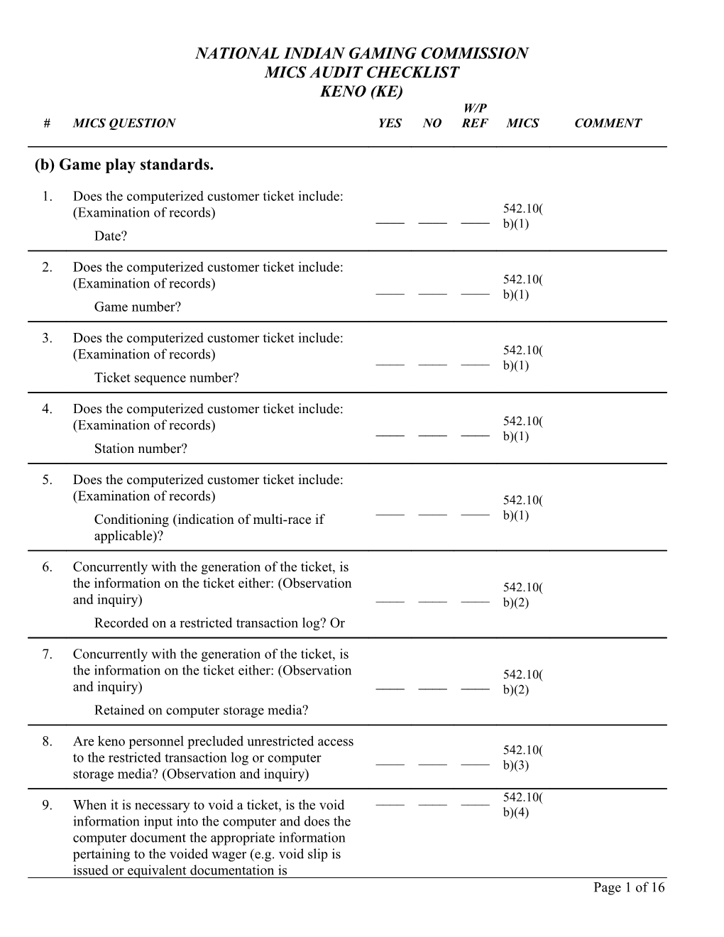 (B) Game Play Standards